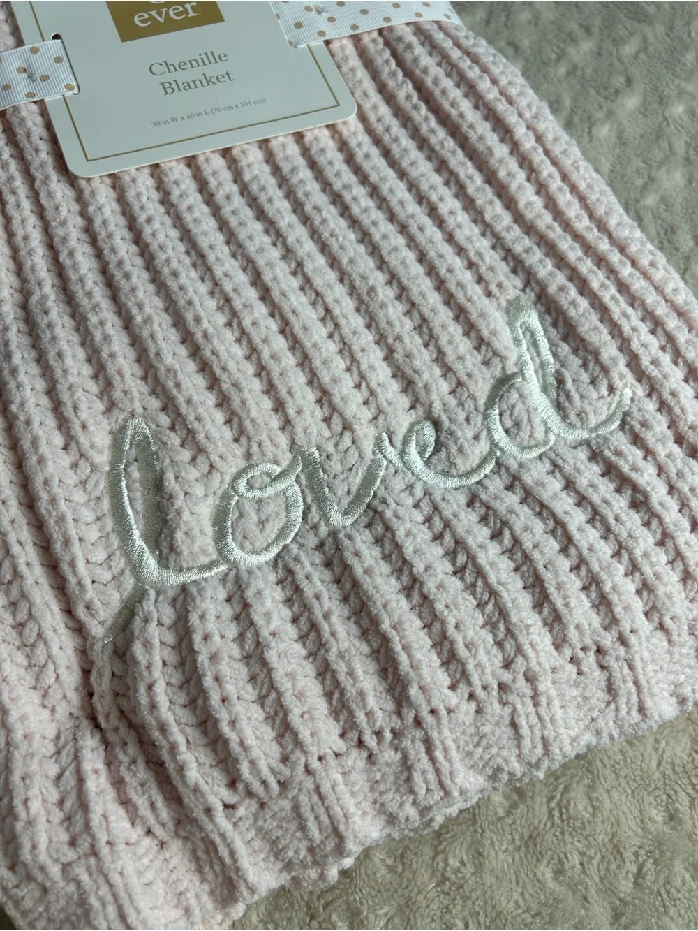 Ever & Ever Loved Pink Chenille Baby Blanket White Pom Poms Soft Knit Lovey